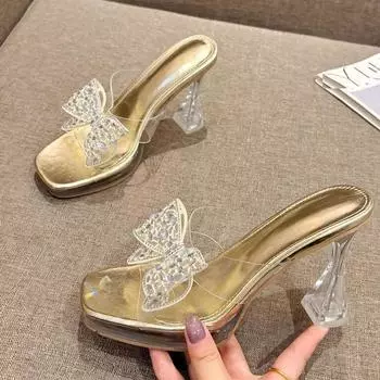 Женские тапочки Eilyken Gold Silver Square Toe Butterfly-knot из ПВХ, прозрачные босоножки на высоком каблуке, сексуальные туфли для выпускного вечера