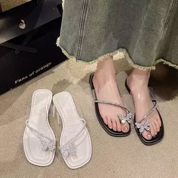 Женские тапочки и босоножки с прозрачными камнями, шлепанцы с кристаллами, лето 2024, туфли на низком каблуке, прозрачный, с оттенком белого, Rhenstone B 39 40