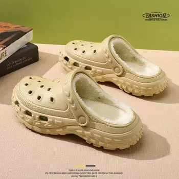 Женские тапочки из бархата и хлопка на толстой подошве, нескользящие, для использования в помещении и на улице, теплая шерсть, для осени и зимы (Дизайн отверстий для мужчин тоже) 42-43 чёрный