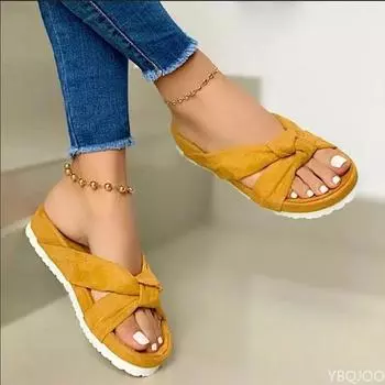 Женские тапочки из флока с узлом, женские повседневные шлепанцы с открытым носком, женские летние удобные туфли на платформе на плоской подошве, большие размеры 35