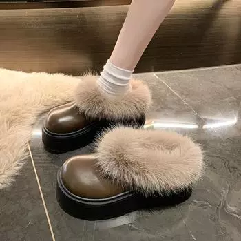 Женские тапочки из хлопка на толстой подошве из бархата и танкетки, осень 2024, новая сумка на голову, повседневная верхняя одежда, одна педаль и полутапочки 35 коричневый