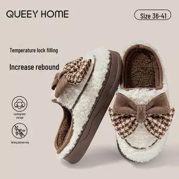 Женские тапочки из хлопка с бантом, толстая подошва, теплые сандалии для использования в помещении и на улице, осень/зима 2024 г. 38-39