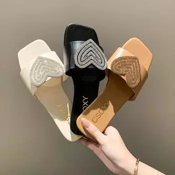 Женские тапочки из искусственной кожи с открытым носком и ромбовидным узором в виде сердца, модные повседневные женские туфли большого размера 35