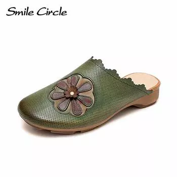 Женские тапочки из натуральной кожи с вышивкой, сандалии с круглой головкой, модные туфли в стиле ретро на плоской подошве