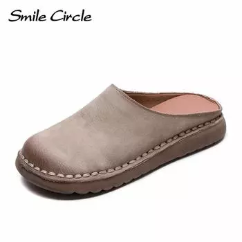 Женские тапочки из натуральной кожи с круглым носком, без застежек, модная удобная повседневная обувь 35 бежевый