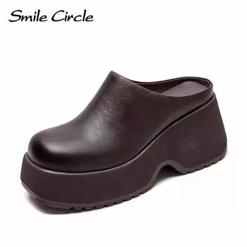 Женские тапочки из натуральной кожи, с высокой посадкой, на толстой подошве, удобная повседневная женская обувь 34 коричневый