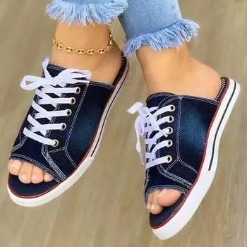 Женские тапочки из парусины со шнуровкой и открытым носком, новые повседневные женские модные джинсовые пляжные туфли на плоской подошве 35-43 35 чёрный