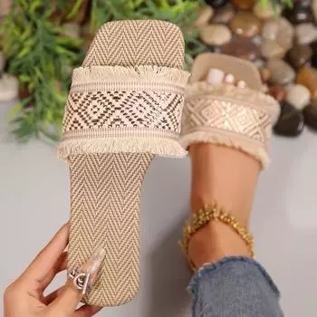Женские тапочки из травы с кисточками и плоским дном, модные, однотонные, женские, легкие, удобные, летние, пляжные сандалии 36 бежевый