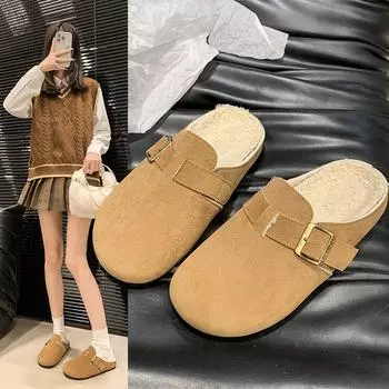 Женские тапочки из замши с пряжкой и ремешком на низком каблуке, уличные тапочки, женская обувь без застежек 2024 года, новинка, весенняя и осенняя мода 35 хаки
