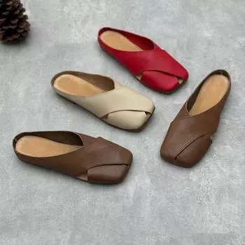 Женские тапочки Johnature из натуральной кожи, однотонные шлепанцы ручной работы из мягкой воловьей кожи на плоской подошве 35 бежевый