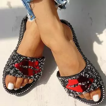 Женские тапочки, летние красные губы, стразы, модная женская обувь, нескользящие повседневные трендовые сандалии, пляжные сандалии для отдыха на открытом воздухе dfc4 5 чёрный