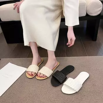 Женские тапочки, летние легкие женские сандалии с тканым поясом, пляжная обувь 35 бежевый