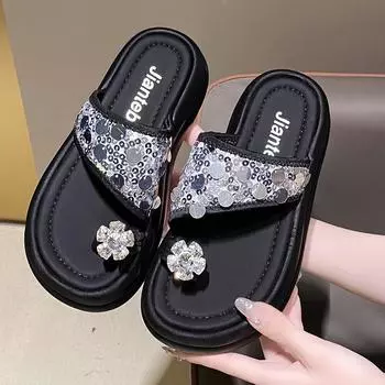 Женские тапочки, летние модные тапочки с блестками и толстой подошвой, легкие, нескользящие, повседневные, удобные женские шлепанцы 35