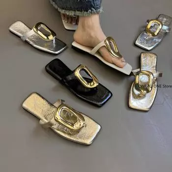Женские тапочки, летние, новые, квадратные, уличные, модные, шлепанцы, повседневная, универсальная, женская одежда, уличные тапочки, женские сандалии на плоской подошве 35