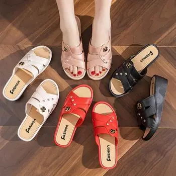 Женские тапочки, летние, новые, модные, одно слово, танкетка, бесплатная доставка, мягкая подошва, нескользящие, домашние, уличные, для мам, тапочки с рыбьим ртом 39