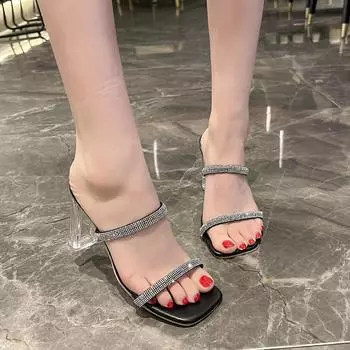 Женские тапочки, летние, новые модные, с открытым носком, со стразами, на высоком каблуке, женские прозрачные туфли на каблуке для женщин 35