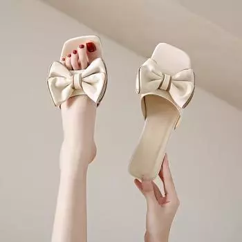 Женские тапочки, летние, новые модные шлепанцы с большим бантом на толстом каблуке, элегантные повседневные сандалии на среднем каблуке для женщин 34 белый