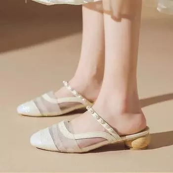 Женские тапочки, летние, новые, на низком каблуке, с квадратной головкой, сандалии из сетчатой ткани с жемчужной головкой, повседневные, удобные, круглые тапочки 34 абрикосовый