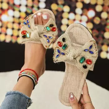 Женские тапочки, летние новые роскошные тапочки со стразами, модная обувь с квадратным носком для женщин, повседневные сандалии на плоской подошве, женские шлепанцы 35 хаки