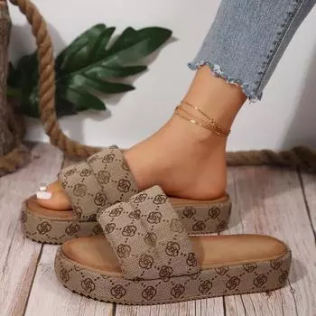 Женские тапочки, летние, новые, женские, с круглым носком, на плоской подошве, нескользящие, женские, модные, с цветами, цвета хаки, сандалии на плоской подошве, женские 36 хаки