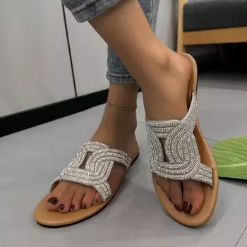 Женские тапочки летние одно слово модные большие размеры 43 тапочки со стразами тапочки европейские и американские туфли на плоской подошве женские 36 серебряный