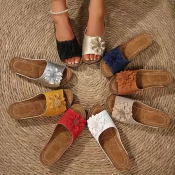 Женские тапочки Летние плетеные босоножки на танкетке с цветочным принтом Уличные спортивные пляжные тапочки Повседневные удобные туфли с открытым носком Шлепанцы Женские 36