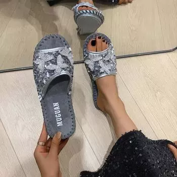 Женские тапочки летние роскошные тапочки со стразами противоскользящие износостойкие повседневные плоские сандалии шлепанцы женские Zapatos De Mujer 35 чёрный