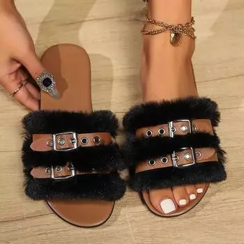 Женские тапочки Летние сандалии с круглым носком и открытым носком Меховые туфли на плоской подошве Модные удобные легкие нескользящие тапочки Шлепанцы женские 36 чёрный
