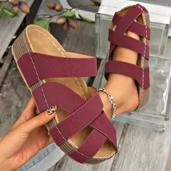 Женские тапочки Летние сандалии с широкими ремешками на щиколотке Туфли на платформе с открытым носком Повседневные тапочки на плоской подошве Большие размеры Женские тапочки 36