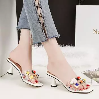 Женские тапочки Летние шлепанцы Для отдыха Слип-он Шлепанцы с острым носком Квадратные каблуки Разноцветные повседневные туфли Женские шлепанцы 3 бежевый