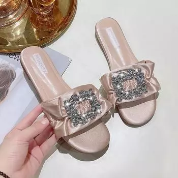 Женские тапочки Летние Стразы Плоские Элегантные Босоножки Женские Модные Пляжные Туфли Для Отдыха Слайды Chanclas Mujer Playa 35 чёрный
