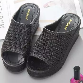 Женские тапочки Летние тапочки с толстой подошвой Тапочки с наклонным каблуком, увеличивающие высоту, нескользящие тапочки 40