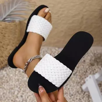 Женские тапочки Летние темпераментные плетеные тапочки Мягкие туфли с перекрестными ремешками Открытые носки на плоской подошве Пляжные сандалии для отдыха Шлепанцы для женщин 36