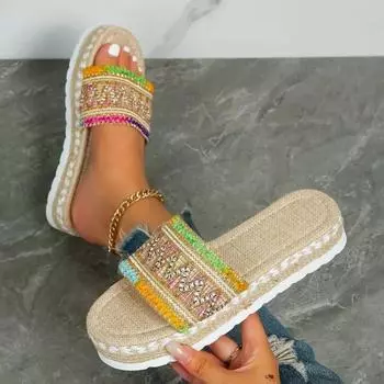 Женские тапочки Летние уличные пляжные сандалии в богемном этническом стиле Эспадрильи ручной работы Тапочки на платформе Шлепанцы Женская обувь 36