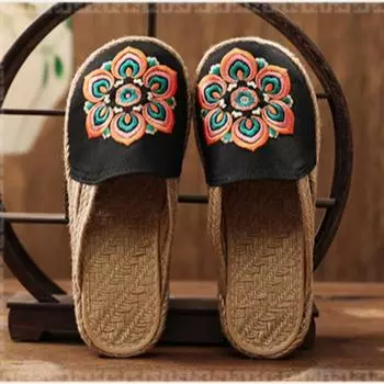 Женские тапочки Летние вышитые плоские ретро-цветочные мюли ручной работы с открытой спиной Слипоны Льняные вязаные туфли в рыбацком стиле Лоферы Вышитые тапочки-мюли 36 чёрный