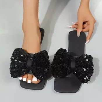 Женские тапочки Летние женские сандалии с бантом большого размера 2024 Новые нескользящие тапочки на плоской подошве Пляжные шлепанцы Женские Zapatos De Mujer 35 бежевый