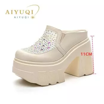 Женские тапочки, летние женские тапочки Rhindiamonds, закрытые тапочки с высоким носком 11 см, женские 34 бежевый