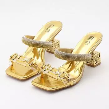 Женские тапочки, летняя мода, прозрачный пояс, металлическое украшение, квадратный каблук Alien, высокие каблуки, сандалии для отдыха на открытом воздухе 36 чёрный