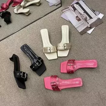 Женские тапочки, летняя верхняя одежда 2024, новые босоножки на толстом каблуке с пряжкой и средним каблуком 35 бежевый