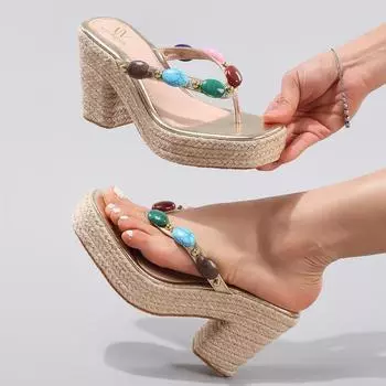 Женские тапочки Летняя верхняя одежда Сандалии на танкетке из пеньковой веревки Цветные шлепанцы с бусинами Женские летние туфли для отдыха на высоком каблуке 35 шампанского