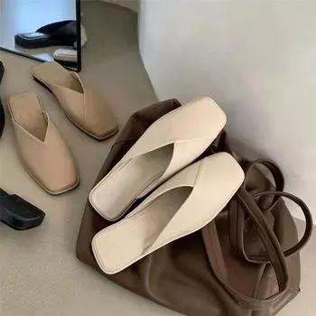 Женские тапочки, лето 2023, сандалии на плоской подошве, туфли с квадратным носком, пляжные тапочки 35 хаки