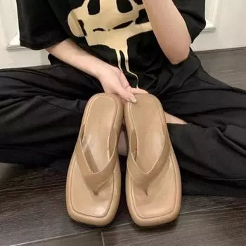 Женские тапочки Лето 2024 Шлепанцы Туфли на танкетке Для Женщин Повседневные Босоножки На Платформе Главная Квадратная Головка Толстая Подошва Туфли 35 белый