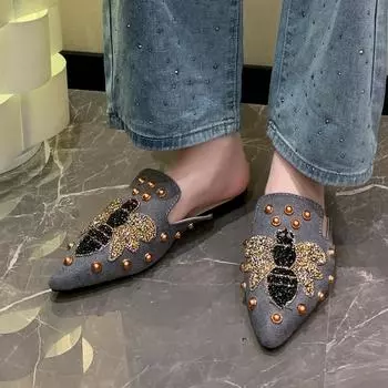 Женские тапочки, лоферы на плоской подошве, бабочки, пайетки, новинка 2024 года, повседневные легкие женские тапочки с острым носком, без застежек 35 чёрный