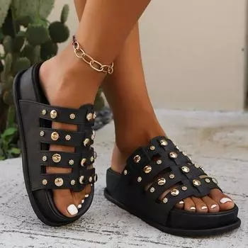 Женские тапочки, модная противоскользящая женская обувь с открытым носком и толстой подошвой, новые летние повседневные кожаные пляжные женские шлепанцы с круглым носком 36 чёрный