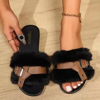 Женские тапочки, модные дизайнерские домашние сандалии, однотонные тапочки с открытым носком, зимние плоские нескользящие роскошные туфли, женские шлепанцы 36 чёрный