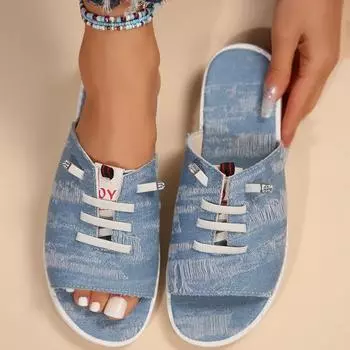 Женские тапочки, модные джинсовые пляжные туфли на плоской подошве со шнуровкой, пляжная обувь с открытым носком, повседневный дизайн, удобные женские zapatillas, большие размеры 36–43 39