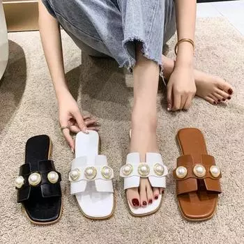 Женские тапочки, модные, повседневные, жемчужные, однотонные, на плоской подошве, простые, удобные, на открытом воздухе, с мягкой подошвой, пляжные сандалии, женские сандалии, новые 36 белый