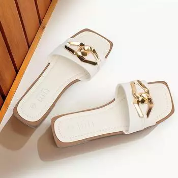 Женские тапочки, модные, с металлической пряжкой, ретро, на плоской подошве, женские шлепанцы, летняя, классическая, удобная, пляжная, женская обувь для отдыха на природе 6