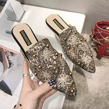 Женские тапочки, модные, с заостренным носком, со стразами, заклепками, на плоской подошве, женские туфли, без застежек, мюли, мокасины, сандалии, шлепанцы, женская обувь 35 красный