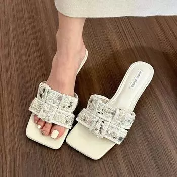 Женские тапочки, модные женские туфли с открытым носком, плетеные, летние, новые, повседневные, с принтом, дизайнерские, пляжные, женские туфли на шпильках и высоком каблуке 35 чёрный